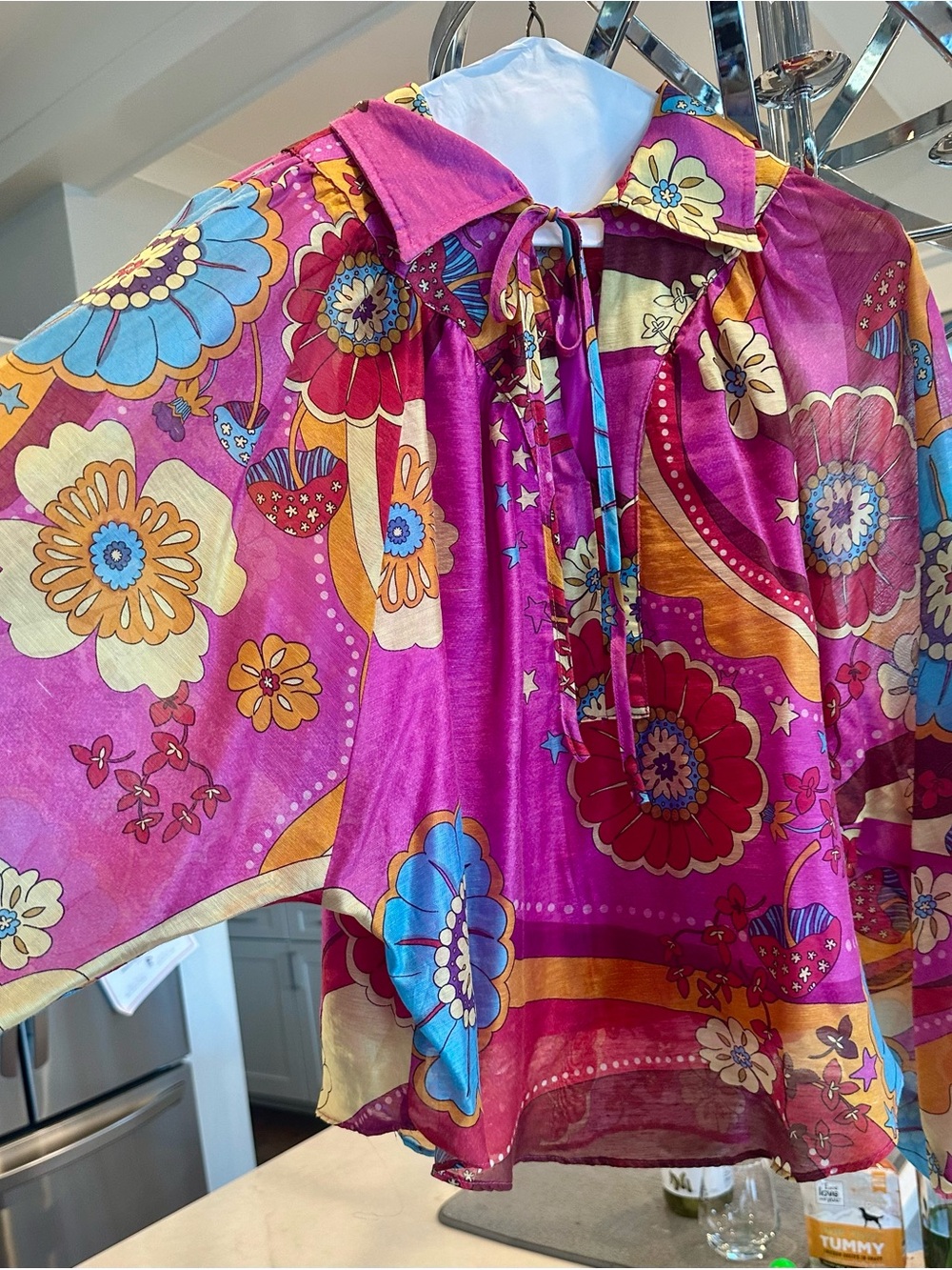 Ciebon- Printed Pink Floral Button-Down Blouse with Balloon Sleeves-XS runs S/M - Picture 6 of 11